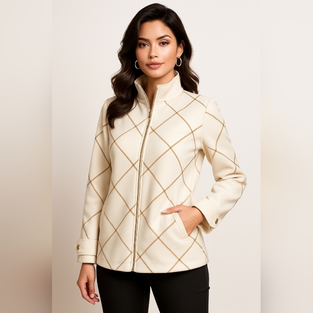 Chico’s Cream Zip-Up Jacket, Windowpane Print, Size M